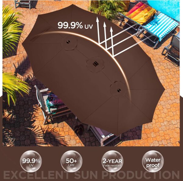 f602a2d511cf450ca3e189108f62f548 15 ft Large Patio Umbrella with Solar Lights Double-Sided Outdoor Rectangle Market Umbrellas with 36 LED Lights/Base Included/Easy Crank for Patio Garden Yard Pool Lawn, Brown