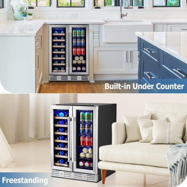 f63b63c07efe421194916e31cf0f2686 24 inch Wine Cooler, 46 Bottle - Dual Zone Built-in or Freestanding Fridge with Stainless Steel Reversible Glass Door, for Home, Kitchen, or Office.