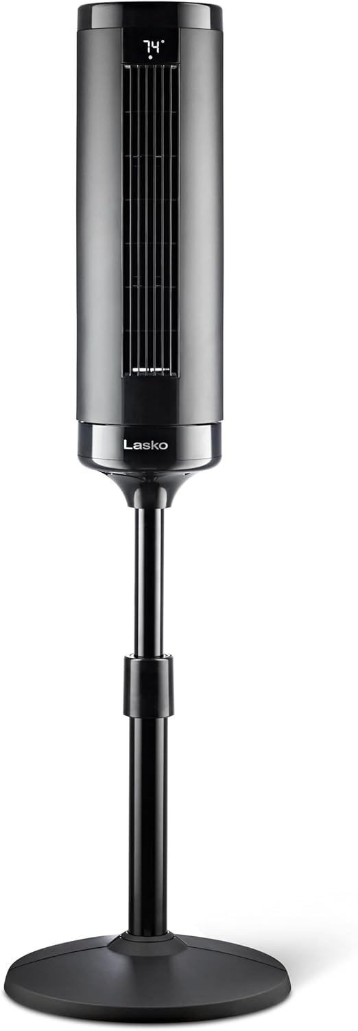 f650598a72284092bf5d7fc99a160485 LASKO Elevation 42”-54” Adjustable Height Pedestal Tower Fans for Home, 31 ft/s Airflow, Quiet 28 dB on Low, 90° Oscillation, 12 Hour Timer, Remote Control, Black, EST100