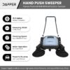 Walk-Behind Outdoor Hand Push Floor Sweeper - 5.25 Gallon Capacity - 25.5" Sweeping Width - Sweeps up to 27,900 ft² / Hour, Grey