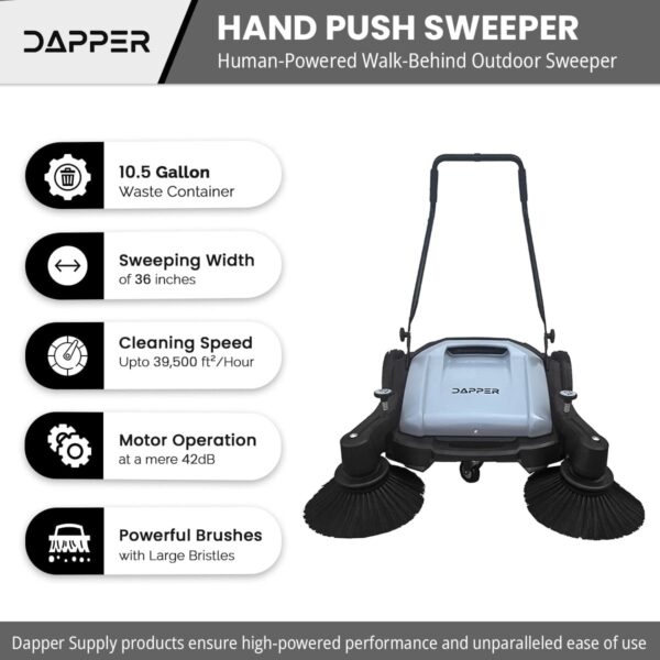 f6ddd5700a8f4a9b9301b4eb49ca1c9f Walk-Behind Outdoor Hand Push Floor Sweeper - 5.25 Gallon Capacity - 25.5" Sweeping Width - Sweeps up to 27,900 ft² / Hour, Grey