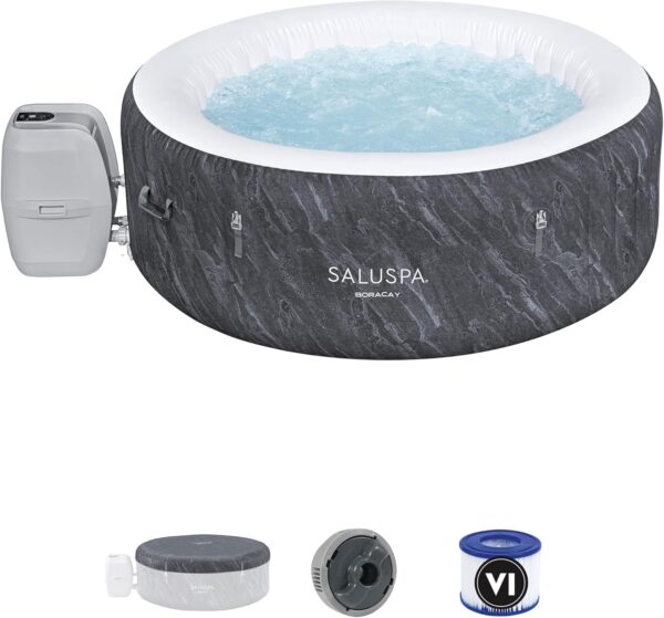 f7aca2ca9fbb41789ff46ea422f15039 SaluSpa Fiji AirJet Large Round 2 to 4 Person Inflatable Hot Tub Portable Outdoor Spa with 120 AirJets and EnergySense Cover, Grey