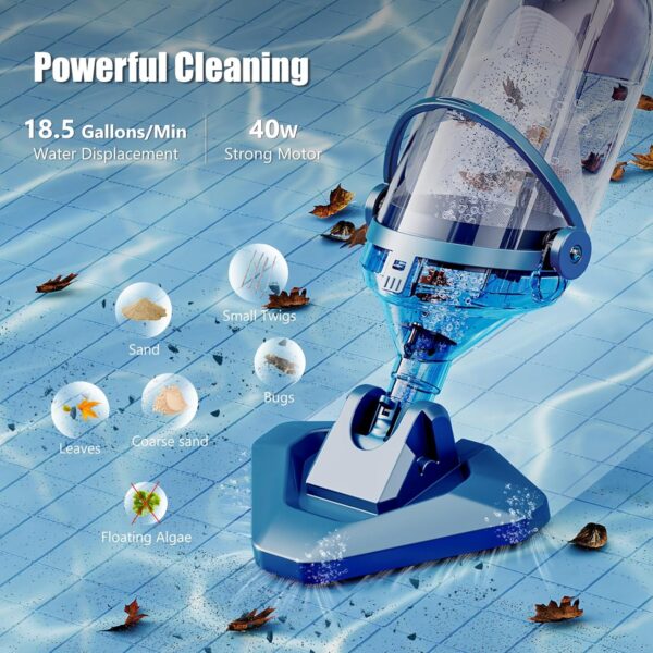 f7c3dddc039b4da7a92efd4a723b6cd9 Pool Vacuum for Above Ground Pool with a Telescopic Pole, Running time up to 1H, T403 Handheld Rechargeable Pool Cleaner with Powerful Suction up to 18.5 gallons/min, Ideal for Leaves, Debris