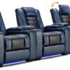 Power Home Theater Seating Set of 3, Brown Faux Leather Electric Recliner Chair with Powered Headrest, Dual Motors Movie Reclining Chairs with LED Lights,USB Port,Cup Holders, Hidden Arm Storage