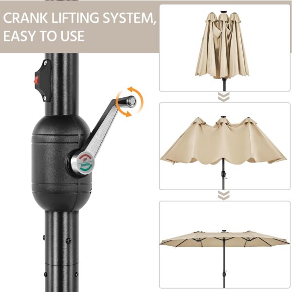 f7ffdcc167ed441ca1bee5b51c8b4e38 15 ft Large Patio Umbrella with Solar Lights Double-Sided Outdoor Rectangle Market Umbrellas with 36 LED Lights/Base Included/Easy Crank for Patio Garden Yard Pool Lawn, Brown