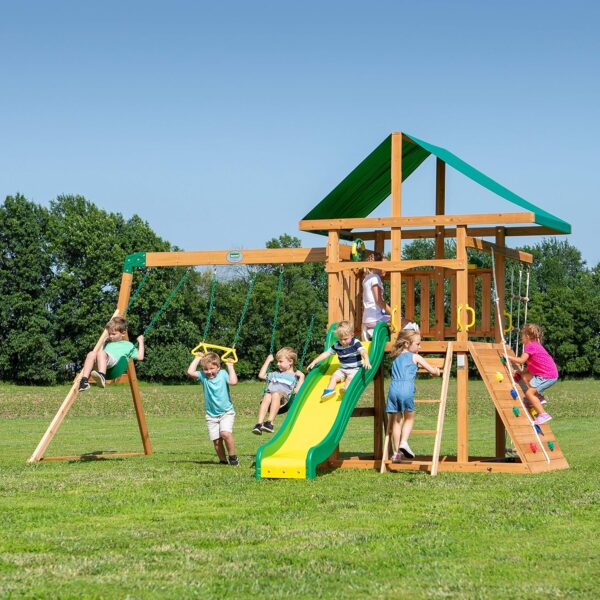 f899e65a8f4b4669a79fb3f69a9a229a Backyard Discovery Mount Mckinley Cedar Wood Swing Set with Wave Slide, Play Deck, Double Rock Wall, Rope Ladder, Web Swing, Belt Swings, Toy Telescope, Steering Wheel, Sandbox Area, Outdoor Playset
