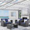 Wisteria Lane 4 Piece Outdoor Patio Furniture Sets, Wicker Conversation Set for Porch Deck, Grey Rattan Sofa Chair with Cushion （Blue