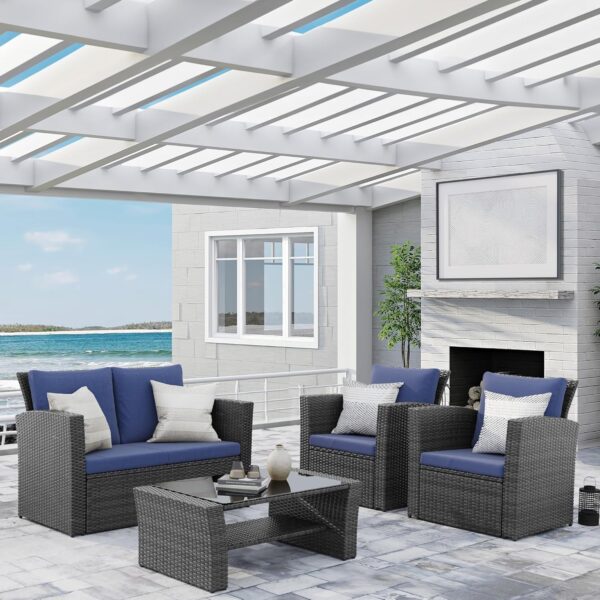 f8adc241281e4cd2a9c9b4ea1c1432b8 Wisteria Lane 4 Piece Outdoor Patio Furniture Sets, Wicker Conversation Set for Porch Deck, Grey Rattan Sofa Chair with Cushion (Blue