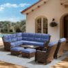 Outdoor Swivel Rocker Patio Chairs with 6-Inch Thick Cushions and Side Table, 3PCS High Back Wicker Patio Furniture Set for Porch, Balcony, Deck and Yard in Blue