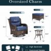 Outdoor Swivel Rocker Patio Chairs with 6-Inch Thick Cushions and Side Table, 3PCS High Back Wicker Patio Furniture Set for Porch, Balcony, Deck and Yard in Blue