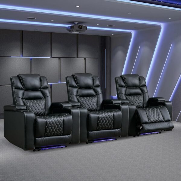 f978e8ec5884419d956e3da47bc24ff1 Power Home Theater Seating Set of 3, Brown Faux Leather Electric Recliner Chair with Powered Headrest, Dual Motors Movie Reclining Chairs with LED Lights,USB Port,Cup Holders, Hidden Arm Storage