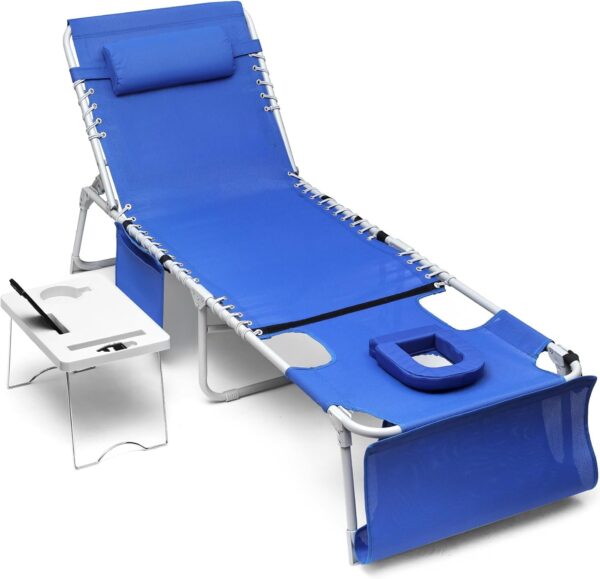f9a9e3fea75c4e1da23919c4acc75677 3-in-1 Outdoor Sun Tanning Lounge Chair with Face Hole – 5-Position Recliner, Folding Side Table & Removable Pillow, 330lbs Capacity, Blue