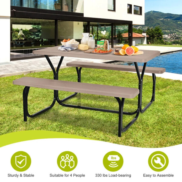 f9b605cc2ed74f0097e8287f170d6344 YYAo Dining Chair, Weatherproof Garden Bench, Loveseat, HDPE Outdoor Picnic Table Bench Set with Metal Base-Coffee