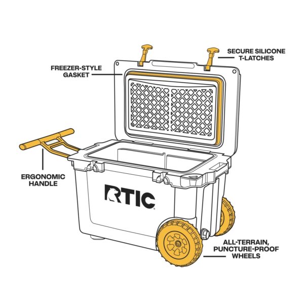 RTIC 52 QT Ultra-Light Wheeled Hard-Sided Ice Chest Cooler, White and Grey, Fits 78 Cans