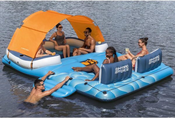 f9f907872ad44f80b1d1e95be9d6018f Tropical Breeze 6 Person Inflatable Party Island Large Relaxing Water Float with Detachable Sunshade and Cooler Bag
