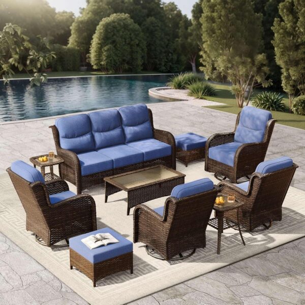 faa5bf8eee464471a61a0c7f237c7692 Outdoor Swivel Rocker Patio Chairs with 6-Inch Thick Cushions and Side Table, 3PCS High Back Wicker Patio Furniture Set for Porch, Balcony, Deck and Yard in Blue