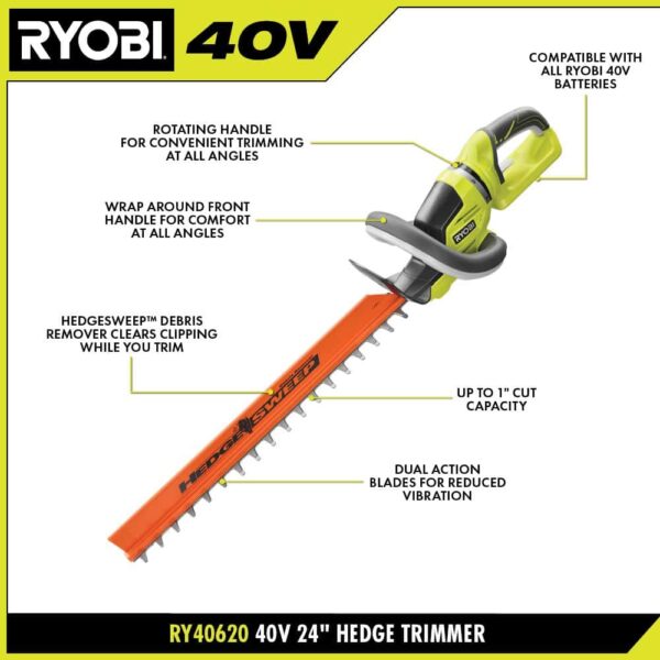 40V 24 in. Cordless Battery Hedge Trimmer with 2.0 Ah Battery and Charger RY40620