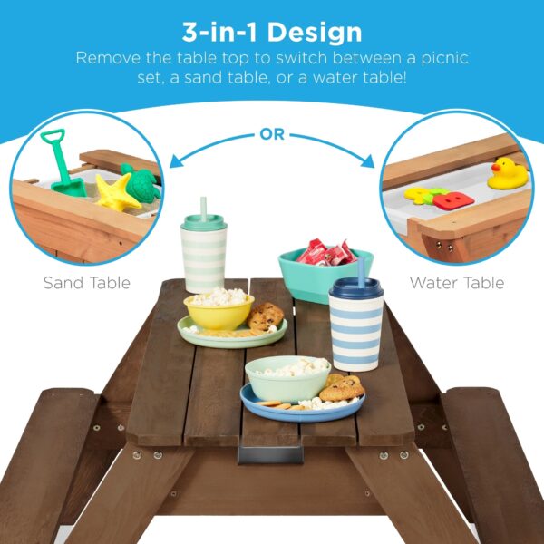 Best Choice Products Kids 3-in-1 Outdoor Convertible Activity Sand & Water Picnic Table w/ Umbrella - Walnut/Red