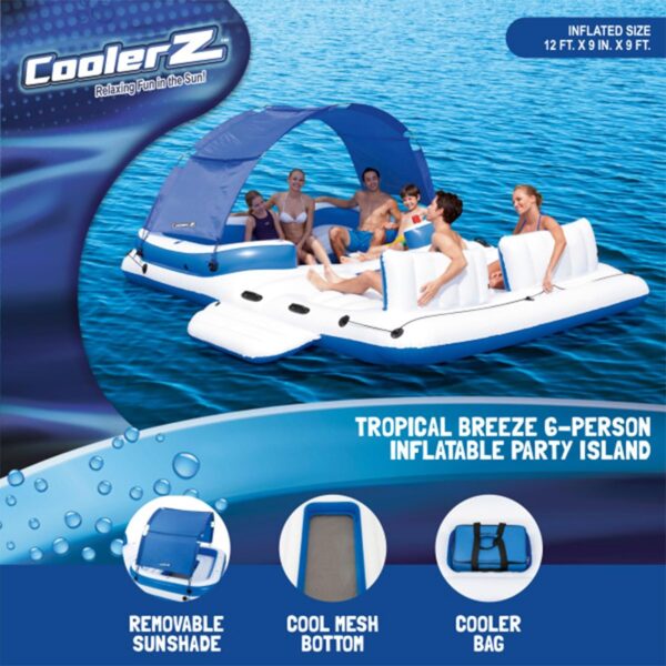 fb5cb0e1d2e64ef0b505daaa7ba702af Tropical Breeze 6 Person Inflatable Party Island Large Relaxing Water Float with Detachable Sunshade and Cooler Bag