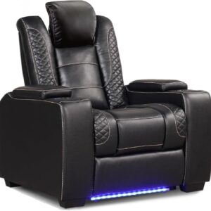 Power Home Theater Seating Set of 3, Brown Faux Leather Electric Recliner Chair with Powered Headrest, Dual Motors Movie Reclining Chairs with LED Lights,USB Port,Cup Holders, Hidden Arm Storage
