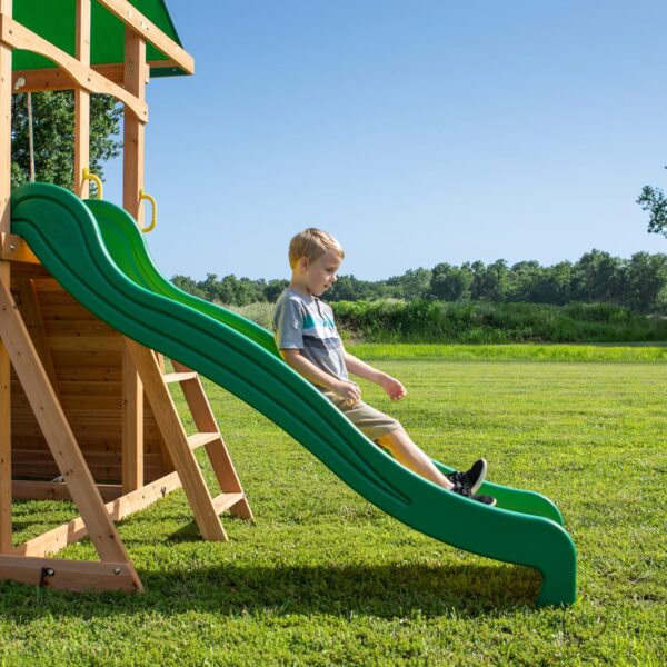 fb95a685a3454369bb16dc79175b0e12 Backyard Discovery Mount Mckinley Cedar Wood Swing Set with Wave Slide, Play Deck, Double Rock Wall, Rope Ladder, Web Swing, Belt Swings, Toy Telescope, Steering Wheel, Sandbox Area, Outdoor Playset