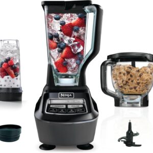 Blender, Mega Kitchen System, 1500W, 4 Functions for Smoothies, Processing, Dough, Drinks & More, with 72 Blender Pitcher, 64 Processor Bowl, 2 Nutri Cups + Lids, Black, BL770