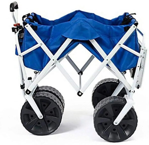 fc7a5917a4b74fb2b85606e648c3dfad All Terrain Beach Wagon with Side Table|Heavy Duty Collapsible Folding Cart with Large Wheels for Beach Day, Picnic, Camping, Outdoor Activities | Blue/White
