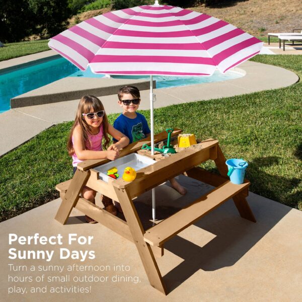 Best Choice Products Kids 3-in-1 Outdoor Convertible Activity Sand & Water Picnic Table w/ Umbrella - Natural/Dark Pink