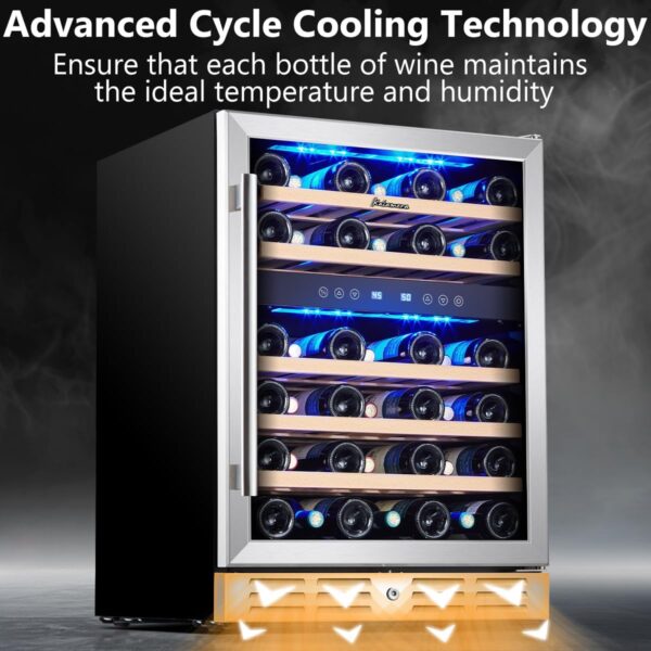 fd2bd013d4cc49ff8d7b487c2355e633 24 inch Wine Cooler, 46 Bottle - Dual Zone Built-in or Freestanding Fridge with Stainless Steel Reversible Glass Door, for Home, Kitchen, or Office.