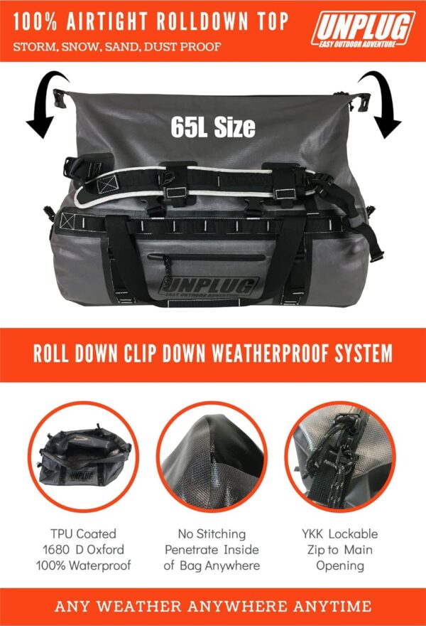 fd8b49b6e81746be8769a516fcbbe69a UNPLUG Ultimate Adventure Bag -1680D Heavy Duty Waterproof Travel Duffel Bags for Camping, Motorcycle Dry Bag, Waterproof Bags for Boating, Waterproof Duffle Backpack,Tactical Duffle Bag