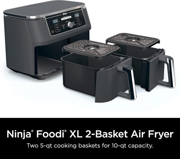 fe00435965ef4768b4fa7287b0e6dcf8 DZ401 Foodi 10 Quart 6-in-1 DualZone XL 2-Basket Air Fryer with 2 Independent Frying Baskets, Match Cook & Smart Finish to Roast, Broil, Dehydrate for Quick, Easy Family-Sized Meals, Grey