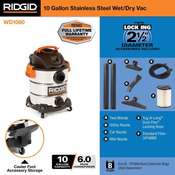 fe46055a67534c86a69d427b5a33e20f 10 Gallon 6.0 Peak HP Stainless Steel Wet/Dry Shop Vacuum with Filter, Locking Hose and Accessories WD1060