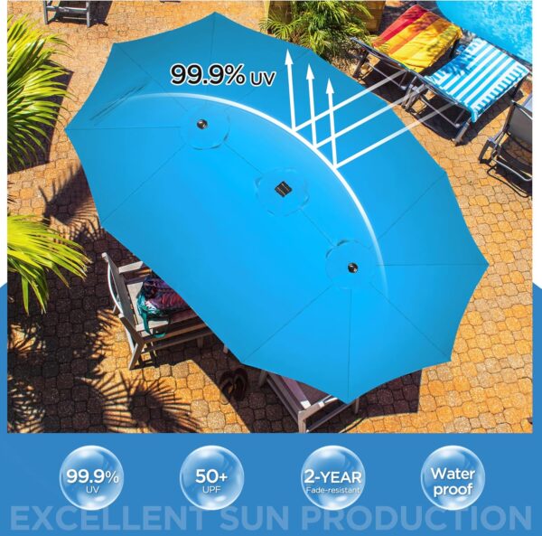 ff51fdd373d9471b833a5617aff57e88 15 ft Large Patio Umbrella with Solar Lights Double-Sided Outdoor Rectangle Market Umbrellas with 36 LED Lights/Base Included/Easy Crank for Patio Garden Yard Pool Lawn, Brown