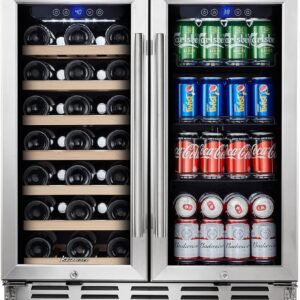 24 inch Wine Cooler, 46 Bottle - Dual Zone Built-in or Freestanding Fridge with Stainless Steel Reversible Glass Door, for Home, Kitchen, or Office.