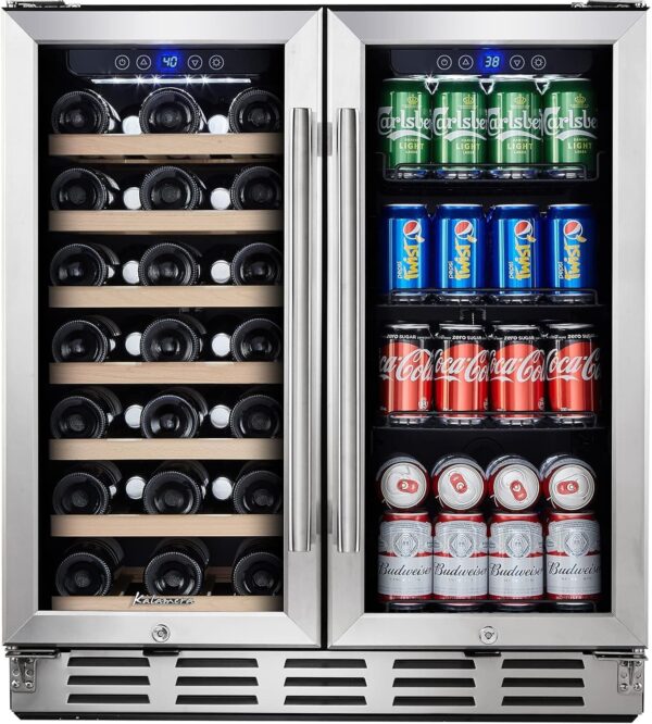 ff6bdc9b88e84a04b0cee1185ad4172f 24 inch Wine Cooler, 46 Bottle - Dual Zone Built-in or Freestanding Fridge with Stainless Steel Reversible Glass Door, for Home, Kitchen, or Office.