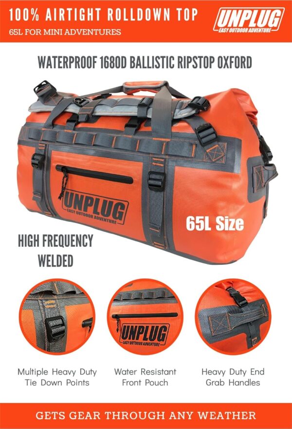 ffc267c7421e4e7dbc27aaa7119657b2 UNPLUG Ultimate Adventure Bag -1680D Heavy Duty Waterproof Travel Duffel Bags for Camping, Motorcycle Dry Bag, Waterproof Bags for Boating, Waterproof Duffle Backpack,Tactical Duffle Bag